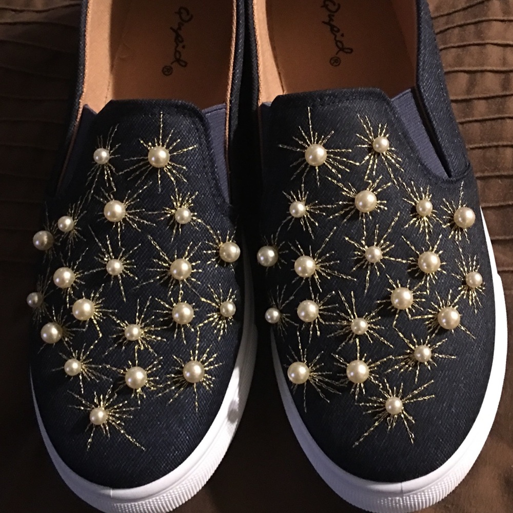Denim studded slip on shoes